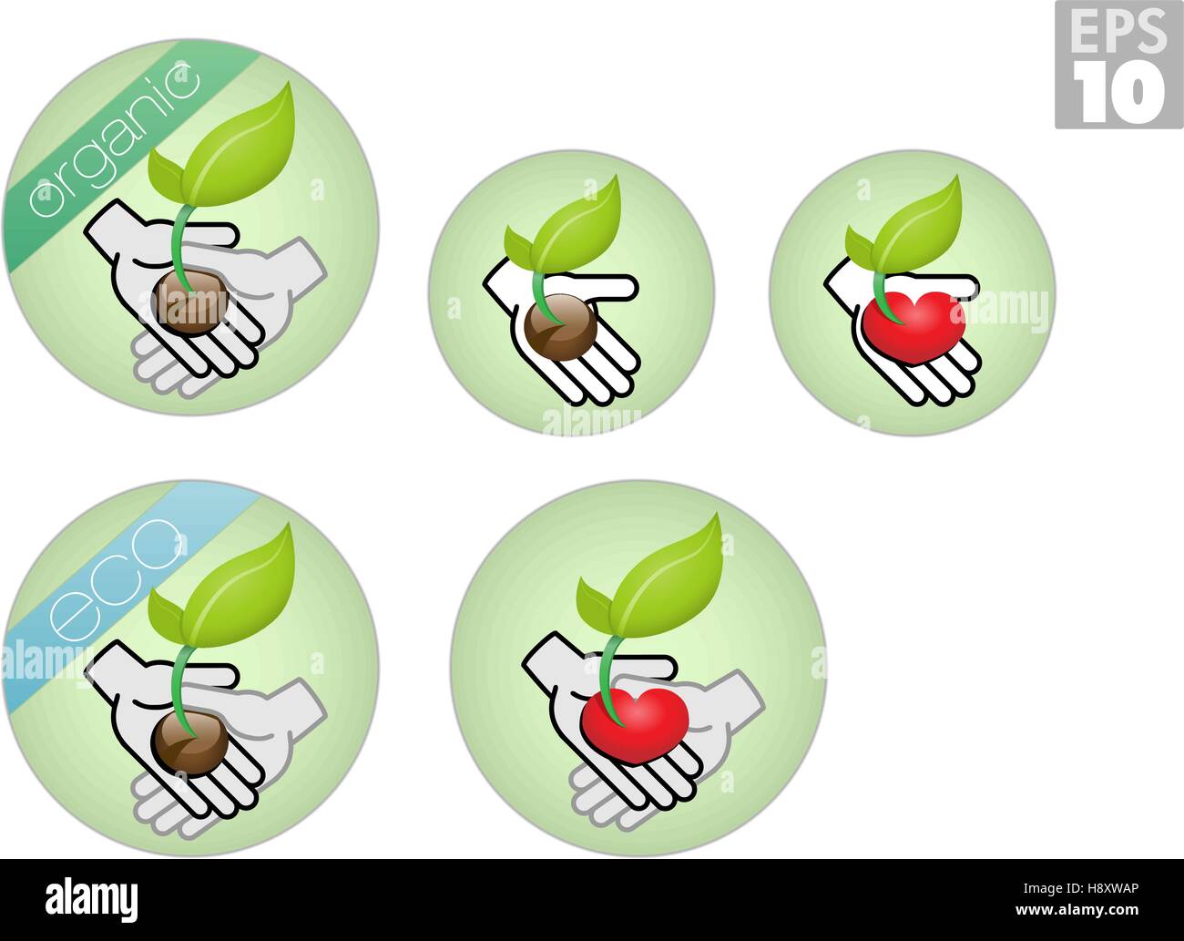 Organico, eco friendly etichette, prendersi cura dell ambiente verde, la crescita delle piante, aiutando le mani Illustrazione Vettoriale