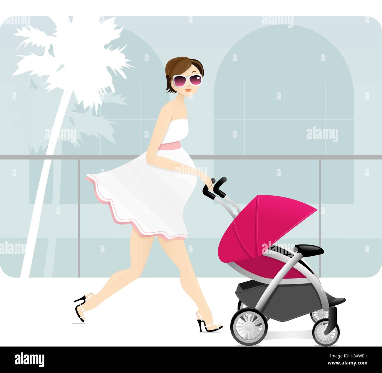 La gravidanza di una madre con un passeggino in un centro commerciale per lo shopping Illustrazione Vettoriale