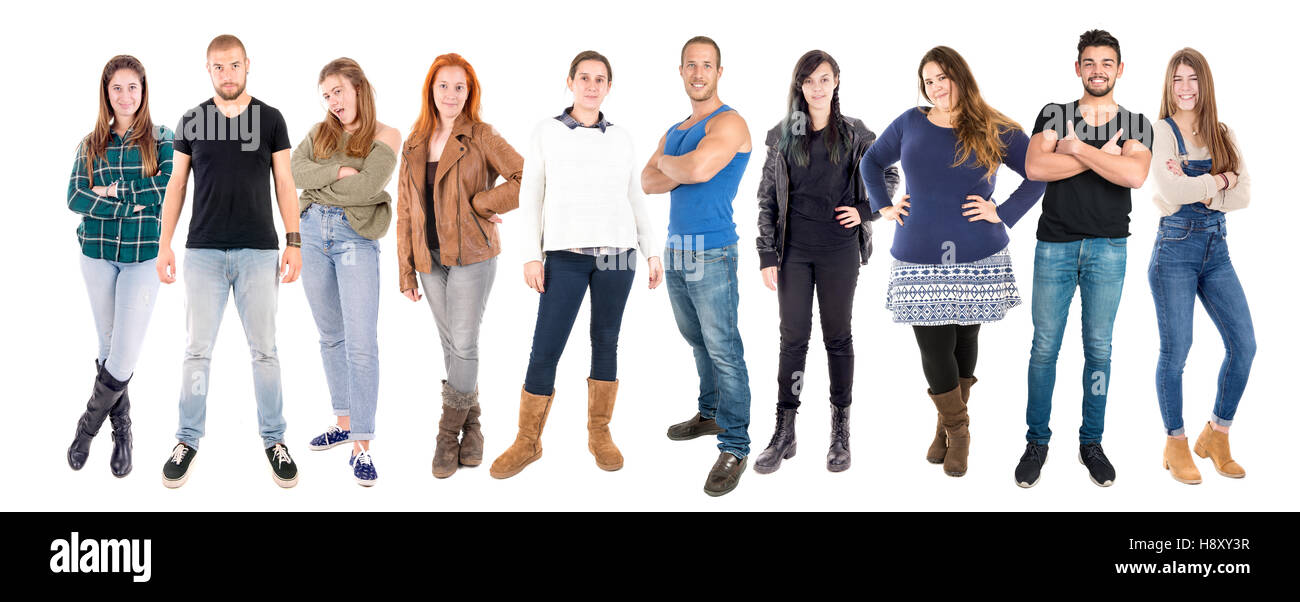 Un folto gruppo di giovani belle persone isolate in bianco Foto Stock