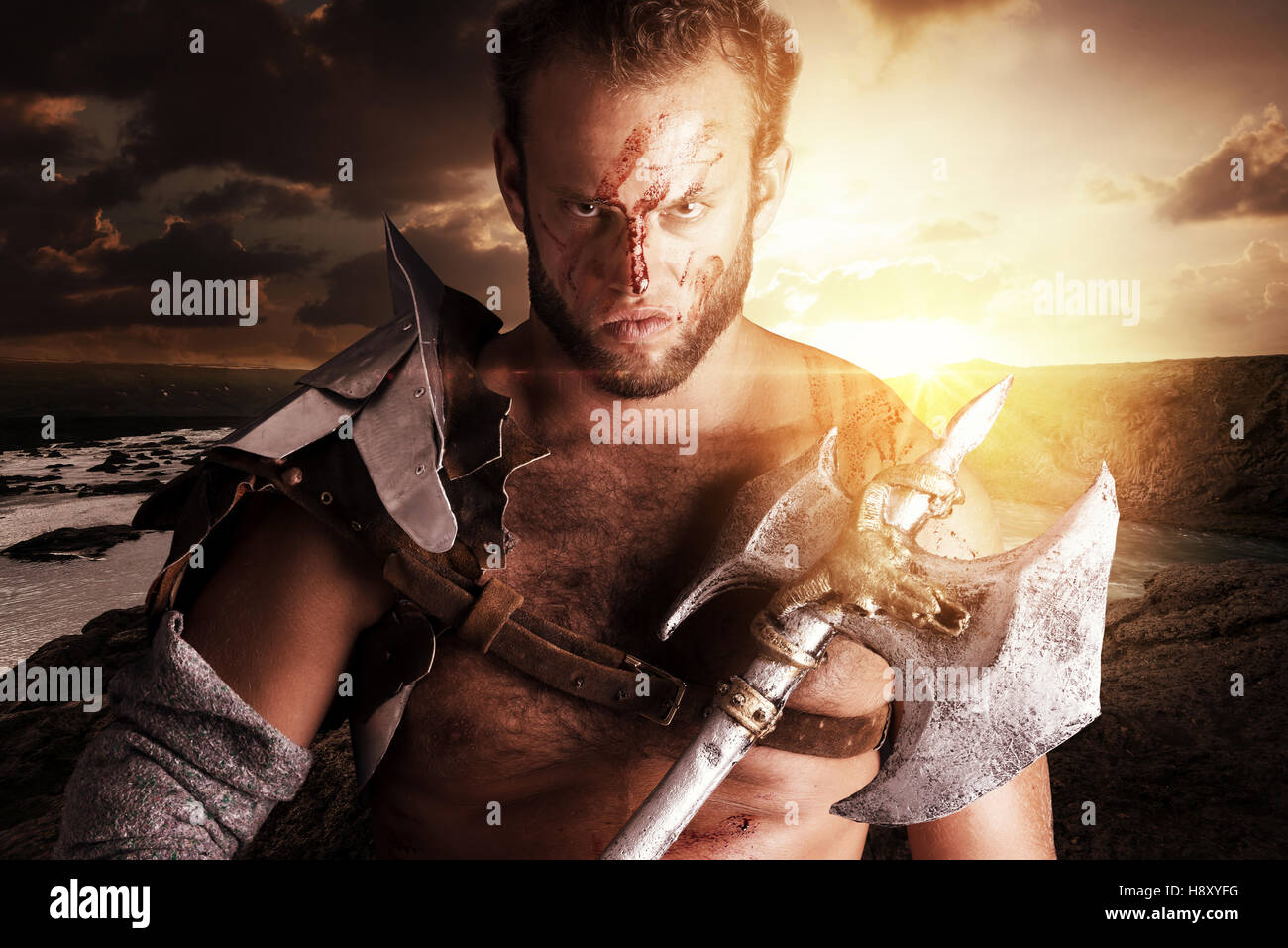 Antico Guerriero barbaro o Gladiator pronti a combattere Foto Stock