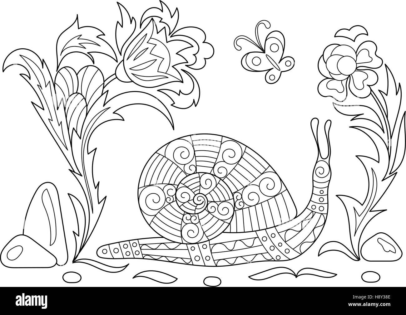 Zentangle stilizzata cartoon lumaca strisciare tra i fiori. Schizzo per adulti colorazione antistress pagina. Disegnata a mano doodle, zentangle floreale, elementi di design per il libro da colorare. Illustrazione Vettoriale