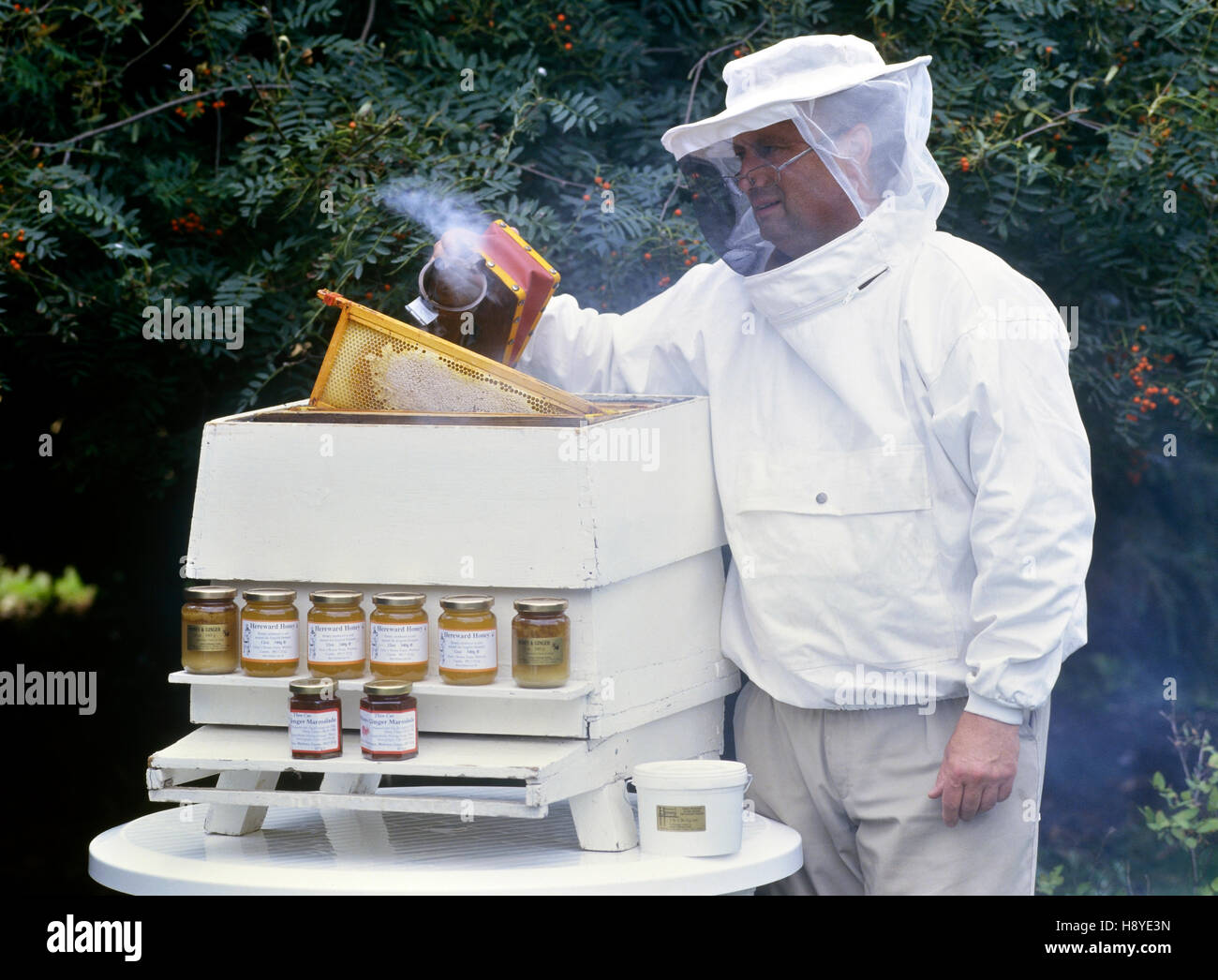 Bee Keeper a Grays honey farm. Warboys. Cambridgeshire. In Inghilterra. Regno Unito Foto Stock