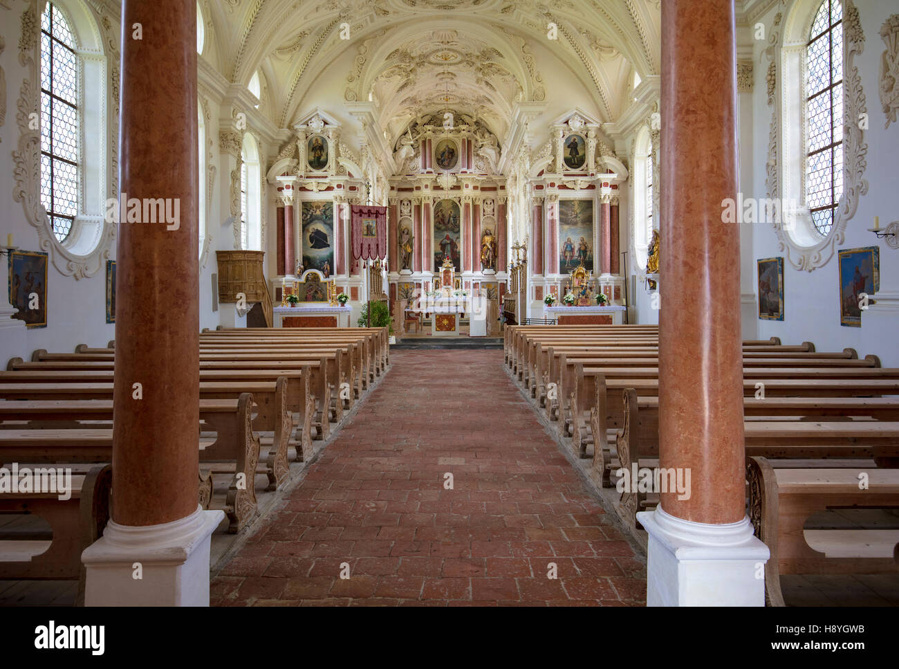 Vista interna di San Coloman Chiesa - la Chiesa dei Pellegrini, Schwangau, Baviera, Germania Foto Stock