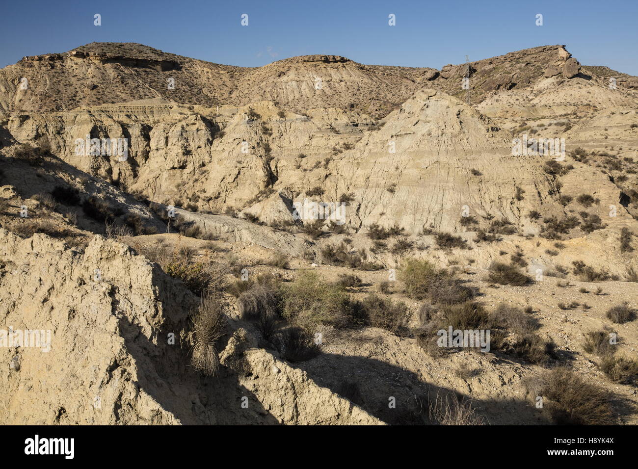 Badlands al Taberna, Desierto de Tabernas - eroso Miocene sedimenti, a nord di Almeria, Spagna. Foto Stock