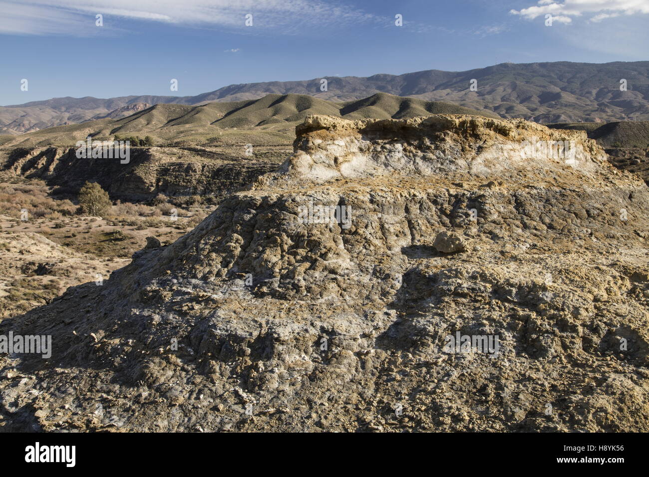 Badlands al Taberna, Desierto de Tabernas - eroso Miocene sedimenti, a nord di Almeria, Spagna. Foto Stock