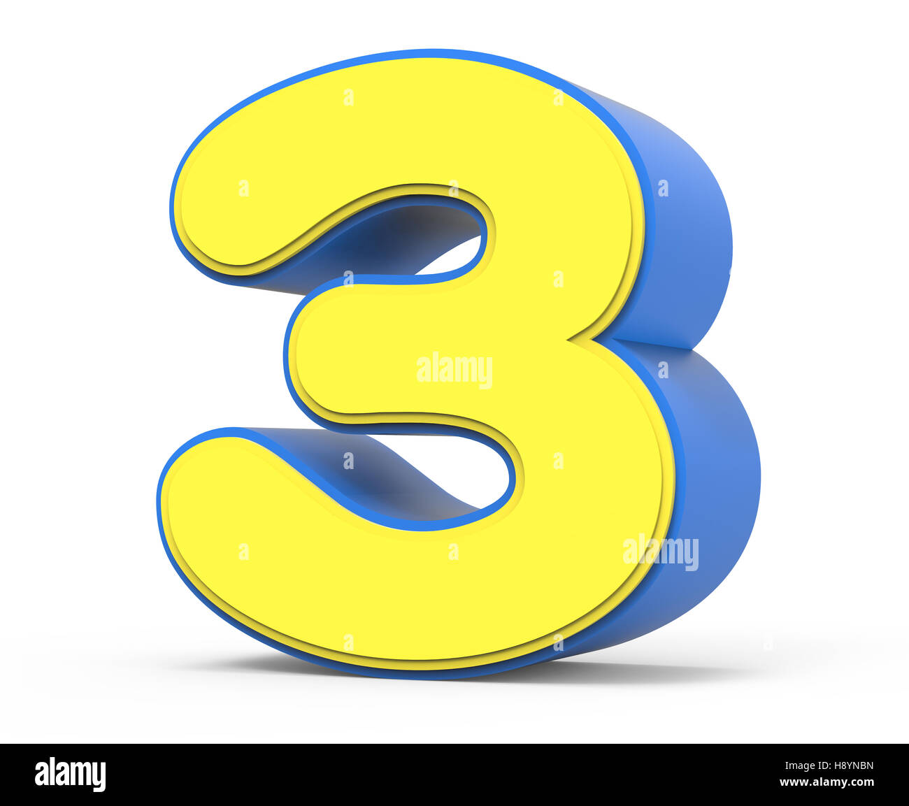 Inclinazione destra 3d rendering carino giallo numero 3 isolato sfondo bianco, toylike alfabeto per design, parola giallo con blu f Foto Stock