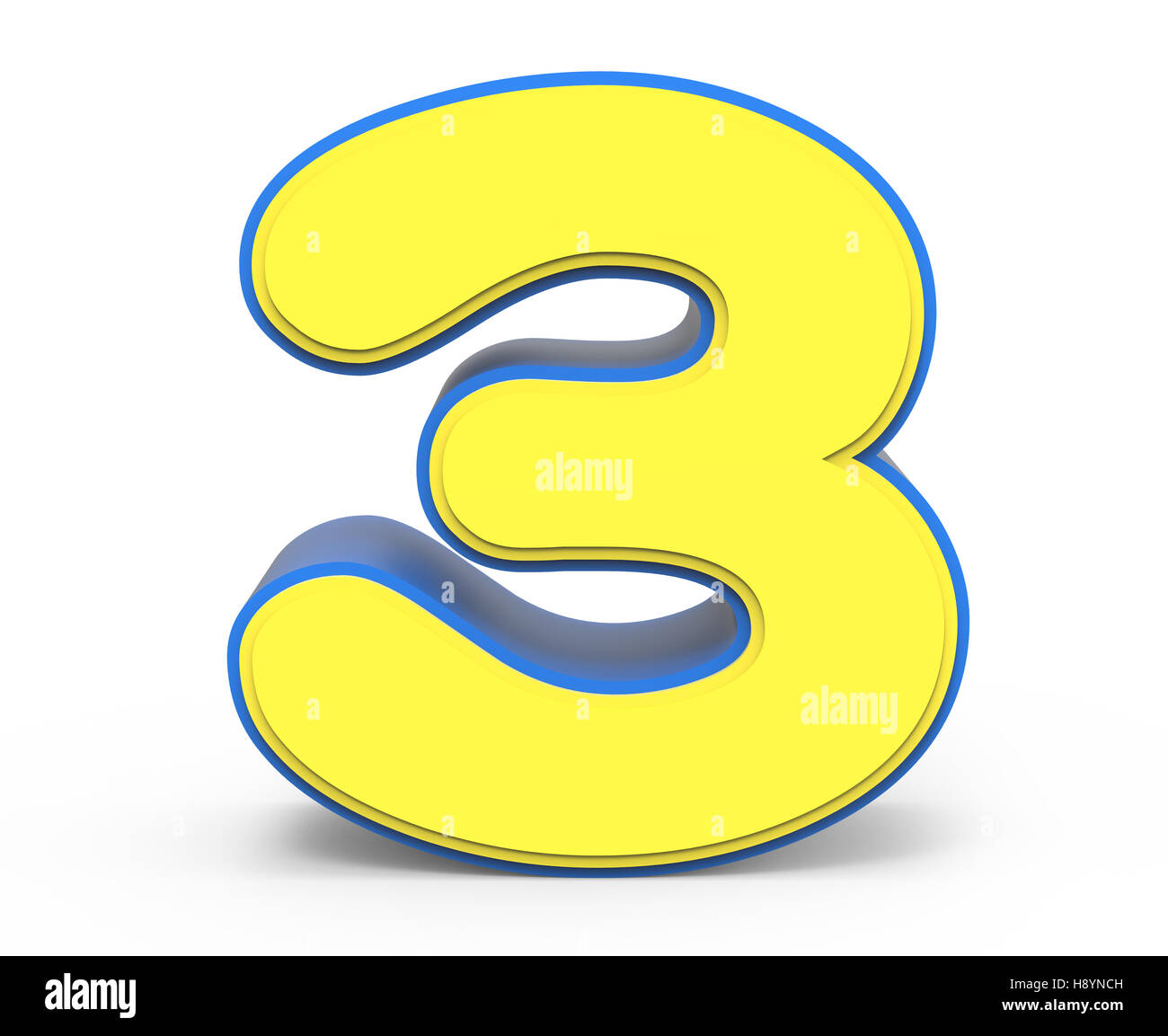 Il rendering 3d carino giallo numero 3 isolato sfondo bianco, toylike alfabeto per design, parola giallo con cornice blu Foto Stock