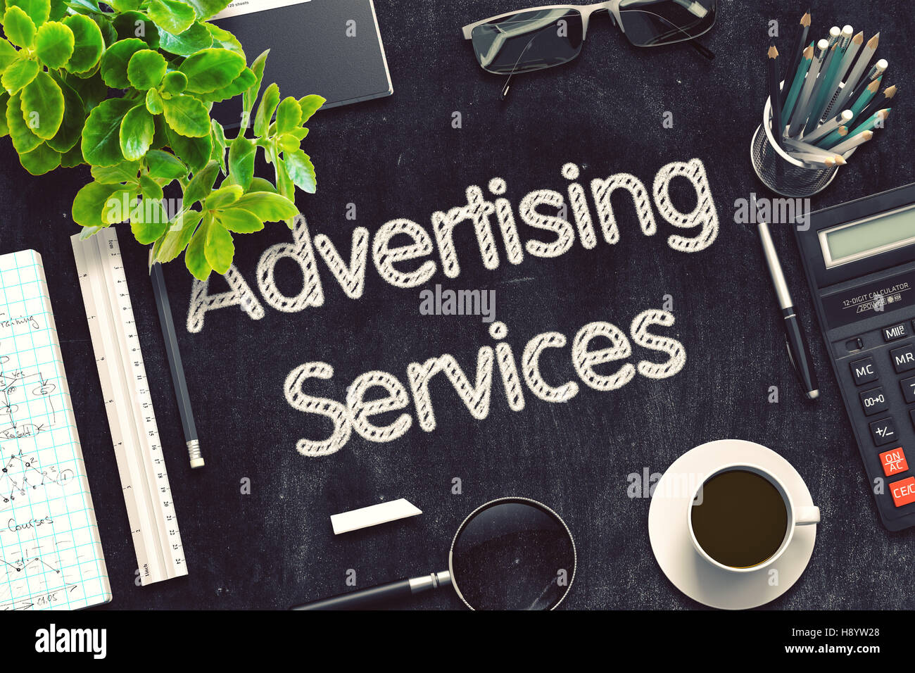 Servizi pubblicitari sulla lavagna. Il rendering 3D. Foto Stock
