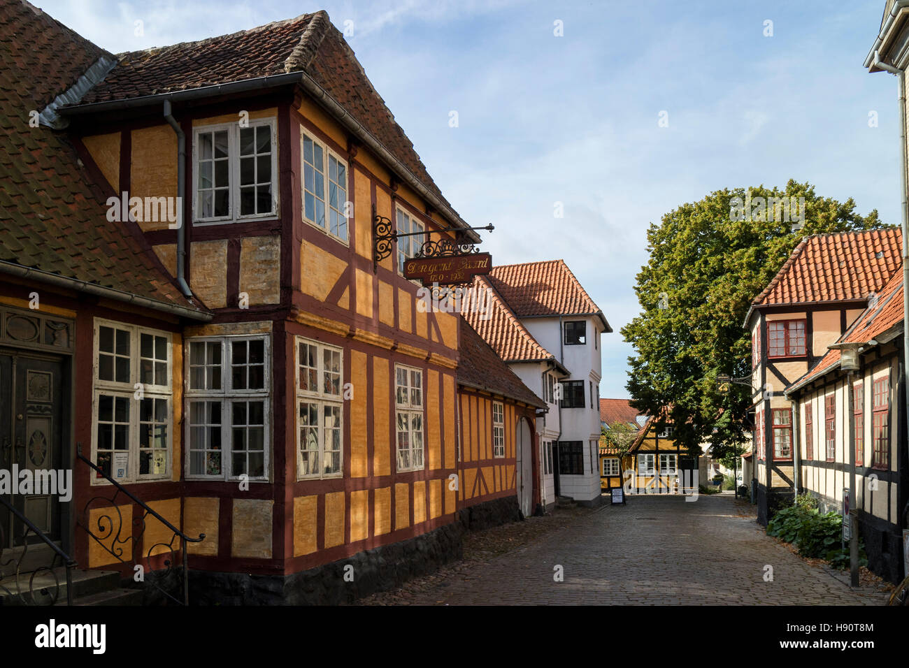 Street e tradizionale delle case nella città di Faaborg, Danimarca Foto Stock