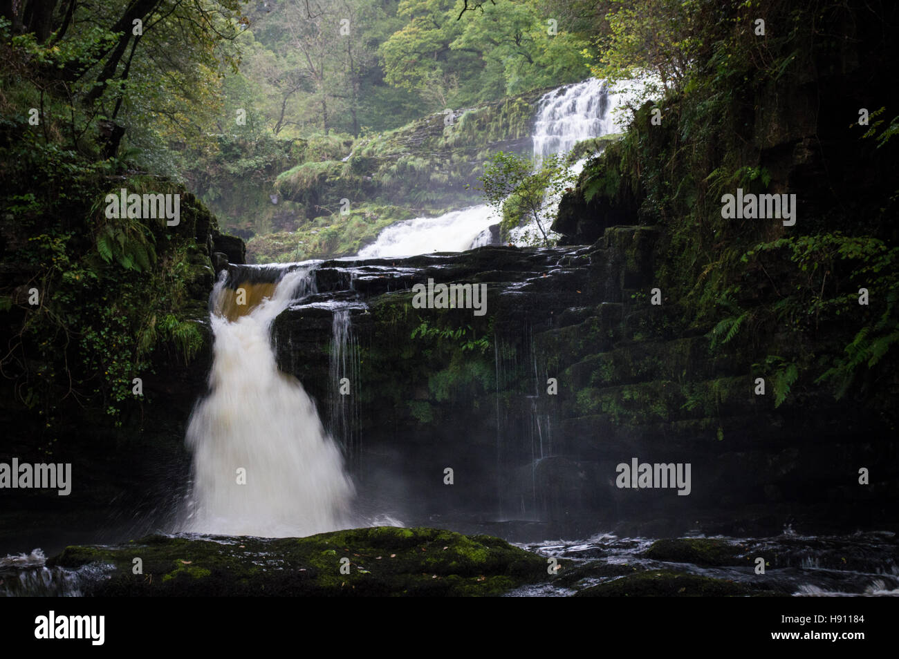 Brecon Beacons paesaggio delle montagne del fiume di acqua cascata lunga esposizione colore cascata del Galles Foto Stock