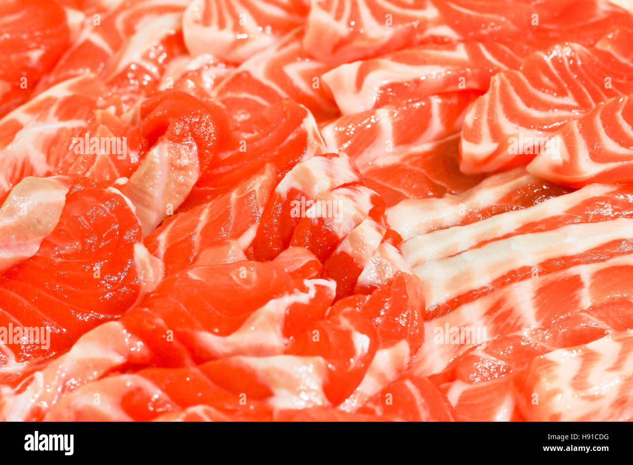 Sashimi di salmone,Close Up di pattern su fetta salmone,messa a fuoco selezionata. Foto Stock