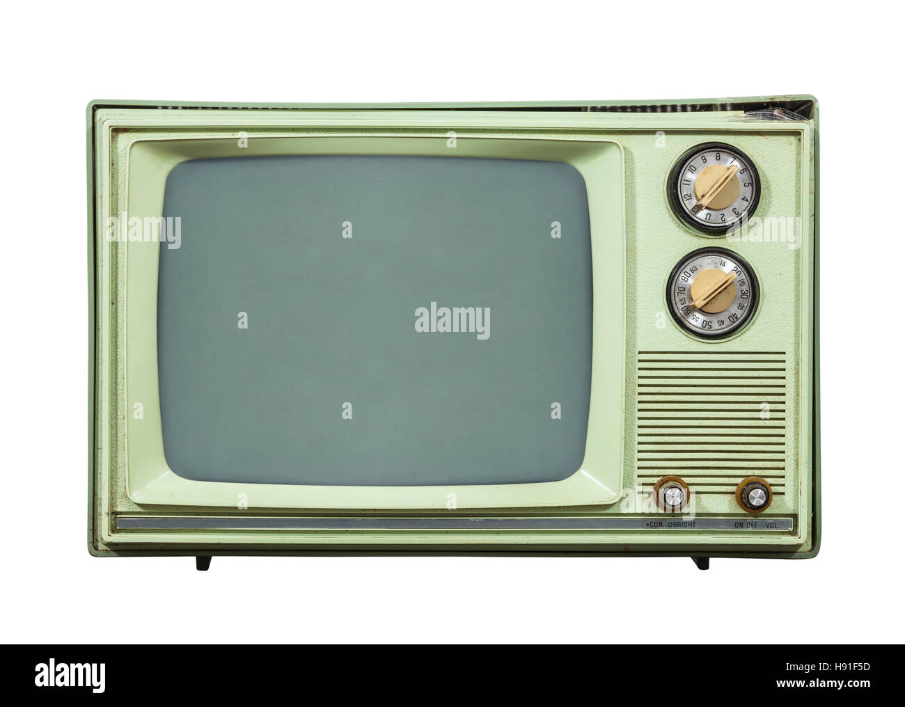 Grungy vendemmia verde televisore isolato su bianco. Foto Stock