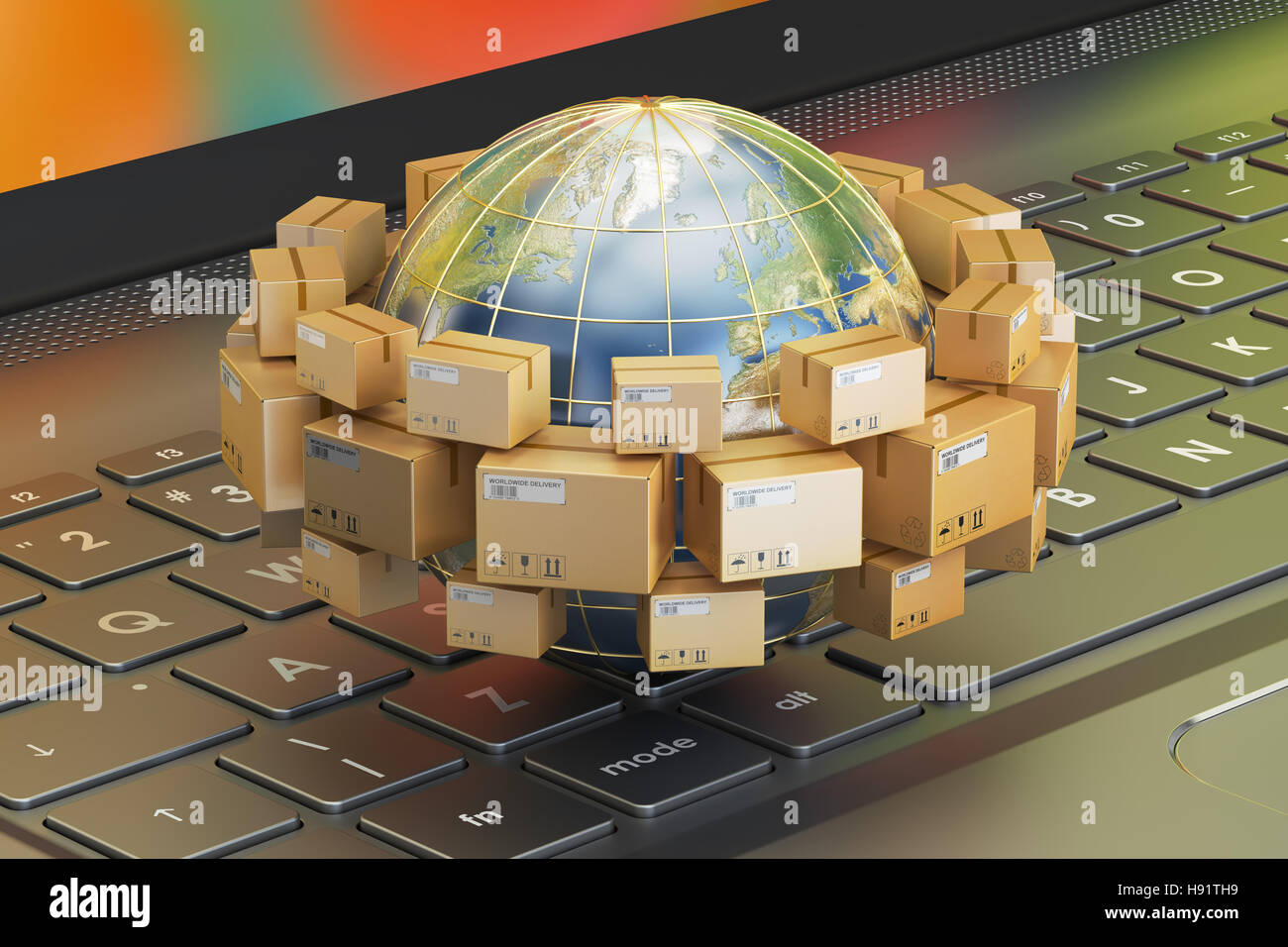 Spedizione globale e il concetto di consegna, pacchi di scatole di cartone attorno alla Terra su laptop. Il rendering 3D Foto Stock