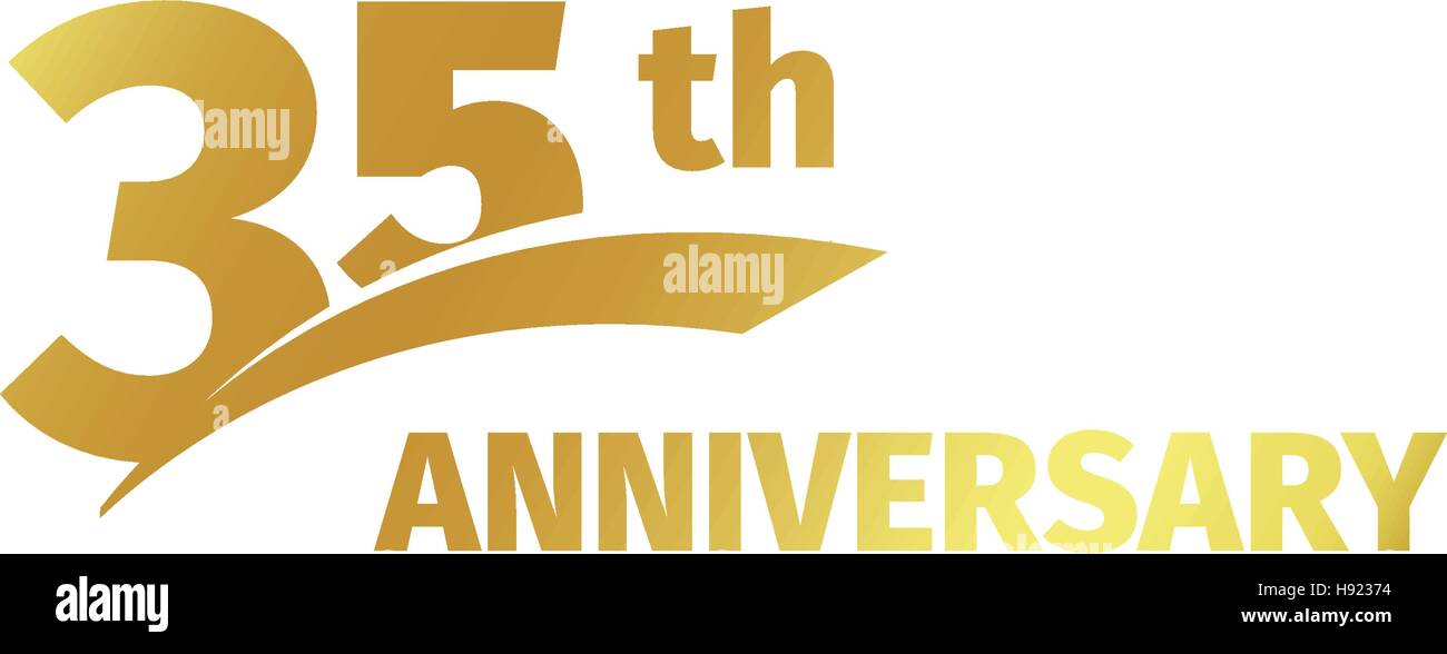 Abstract isolato golden trentacinquesimo anniversario logo su sfondo bianco. 35 numero logotipo. Trentacinque anni la celebrazione del Giubileo e la relativa icona. Emblema di compleanno. Illustrazione Vettoriale. Illustrazione Vettoriale