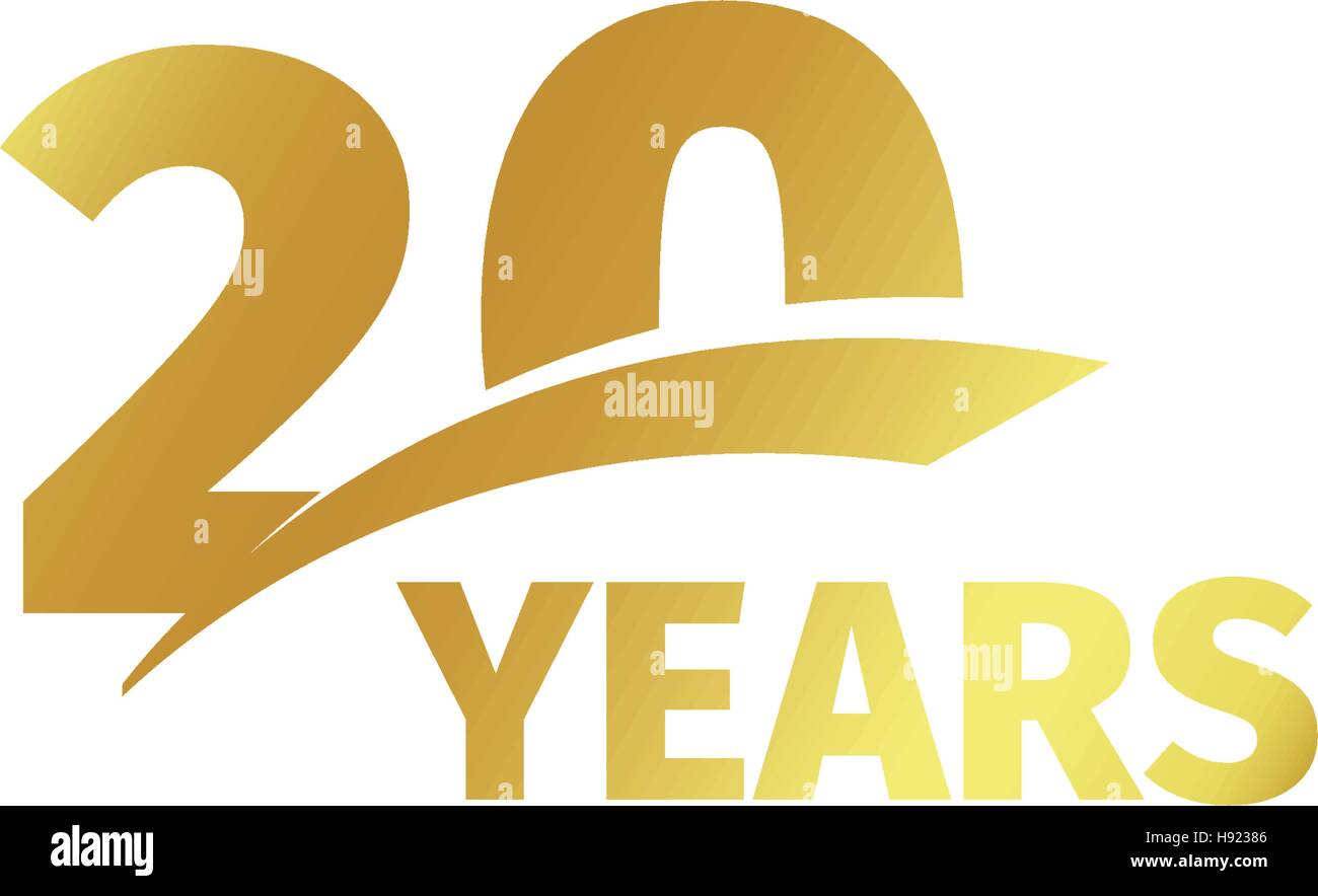 Abstract isolato golden ventesimo anniversario logo su sfondo bianco. 20 numero logotipo. Venti anni la celebrazione del Giubileo e la relativa icona. Ventesimo compleanno emblema. Illustrazione Vettoriale. Illustrazione Vettoriale
