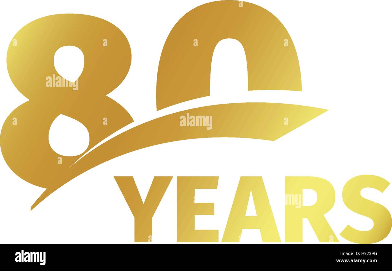 Abstract isolato golden ottantesimo anniversario logo su sfondo bianco. 80 numero logotipo. Ottanta anni la celebrazione del Giubileo e la relativa icona. Ottantesimo compleanno emblema. Illustrazione Vettoriale. Illustrazione Vettoriale