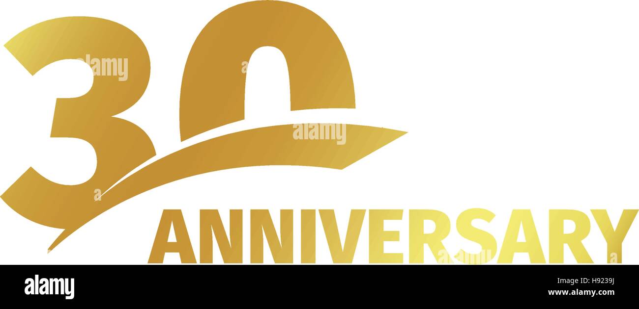 Abstract isolato golden trentesimo anniversario logo su sfondo bianco. 30 numero logotipo. Trenta anni la celebrazione del Giubileo e la relativa icona. Trentesimo compleanno emblema. Illustrazione Vettoriale. Illustrazione Vettoriale