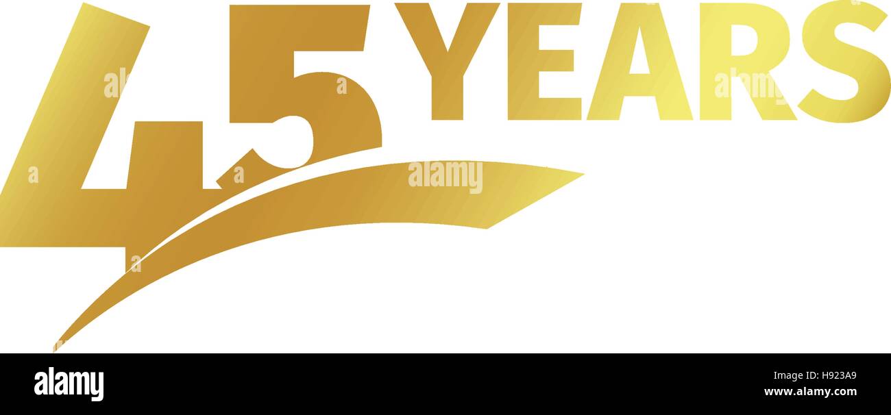 Abstract isolato golden quarantacinquesimo anniversario logo su sfondo bianco. 45 numero logotipo. Quarantacinque anni la celebrazione del Giubileo e la relativa icona. Emblema di compleanno. Illustrazione Vettoriale. Illustrazione Vettoriale