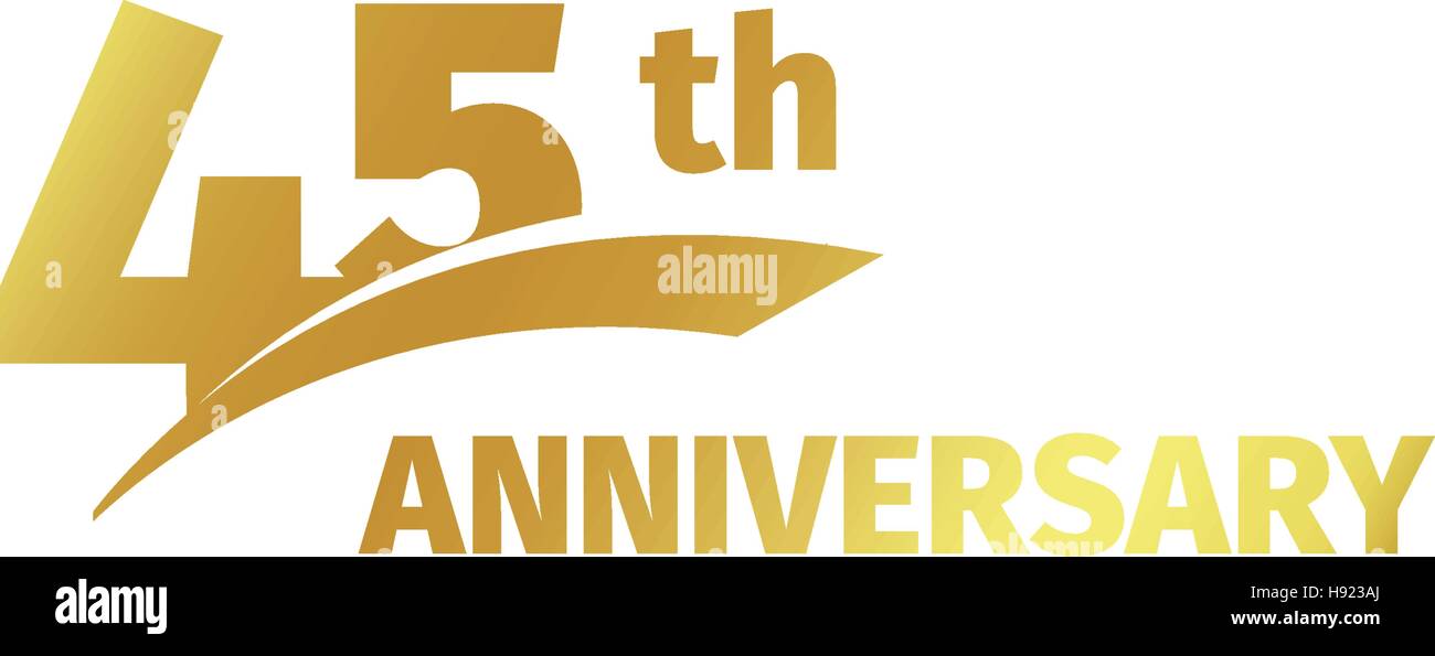 Abstract isolato golden quarantacinquesimo anniversario logo su sfondo bianco. 45 numero logotipo. Quarantacinque anni la celebrazione del Giubileo e la relativa icona. Emblema di compleanno. Illustrazione Vettoriale. Illustrazione Vettoriale