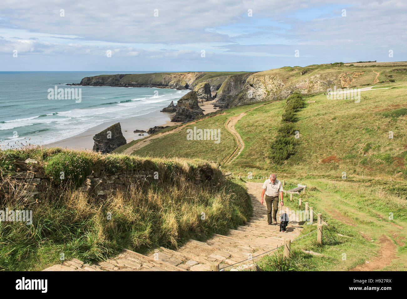 Un dog walker sul sud-ovest sentiero costiero di Bedruthan Steps in Cornovaglia. Foto Stock