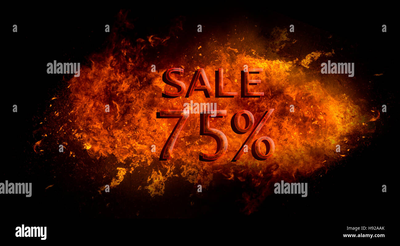 Red 75 per cento % vendita sul fuoco di fiamma esplosione, sfondo nero Foto Stock