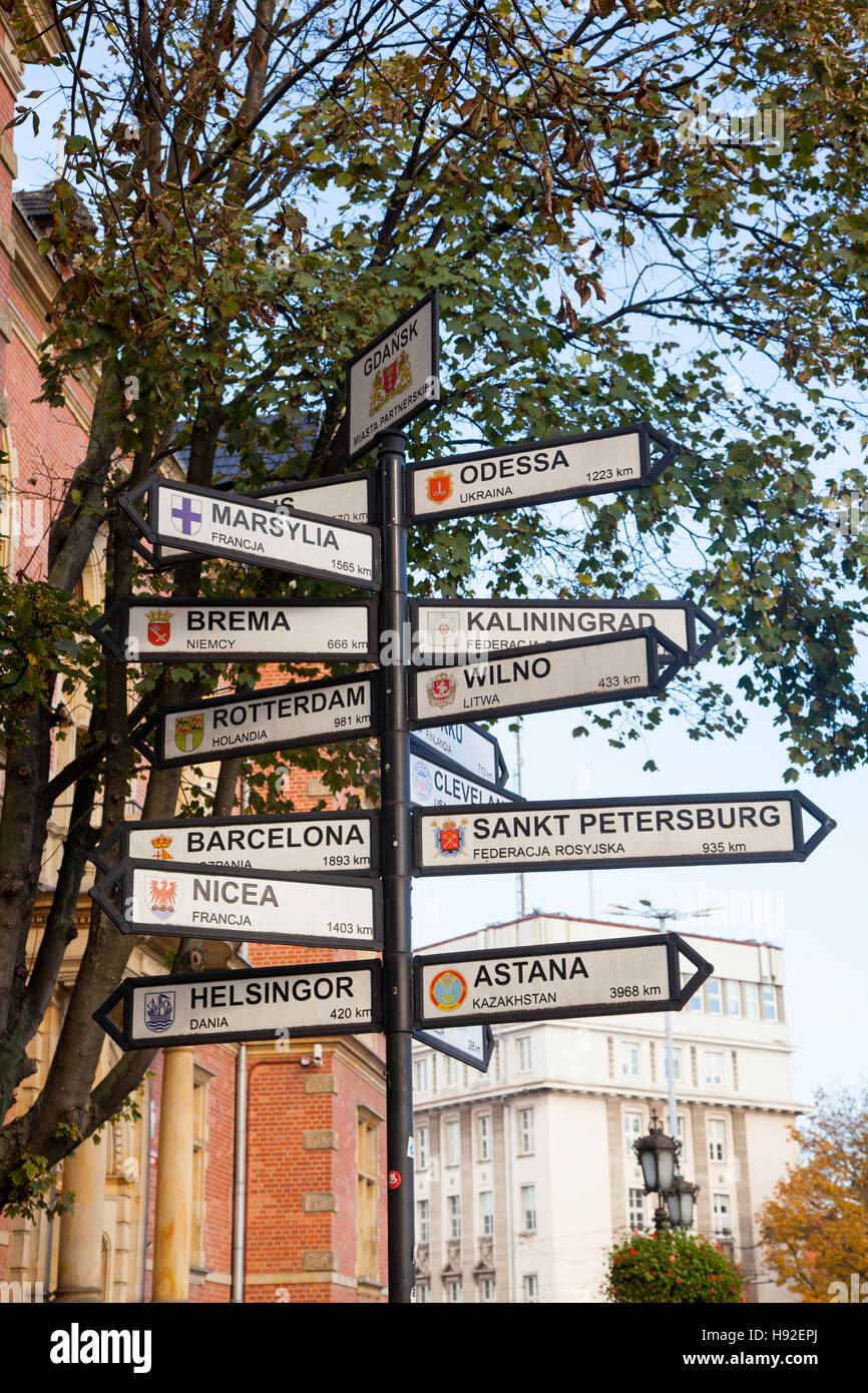 Cartello a Danzica Polonia che mostra le città di tutto il mondo e la loro distanza in chilometri. Foto Stock