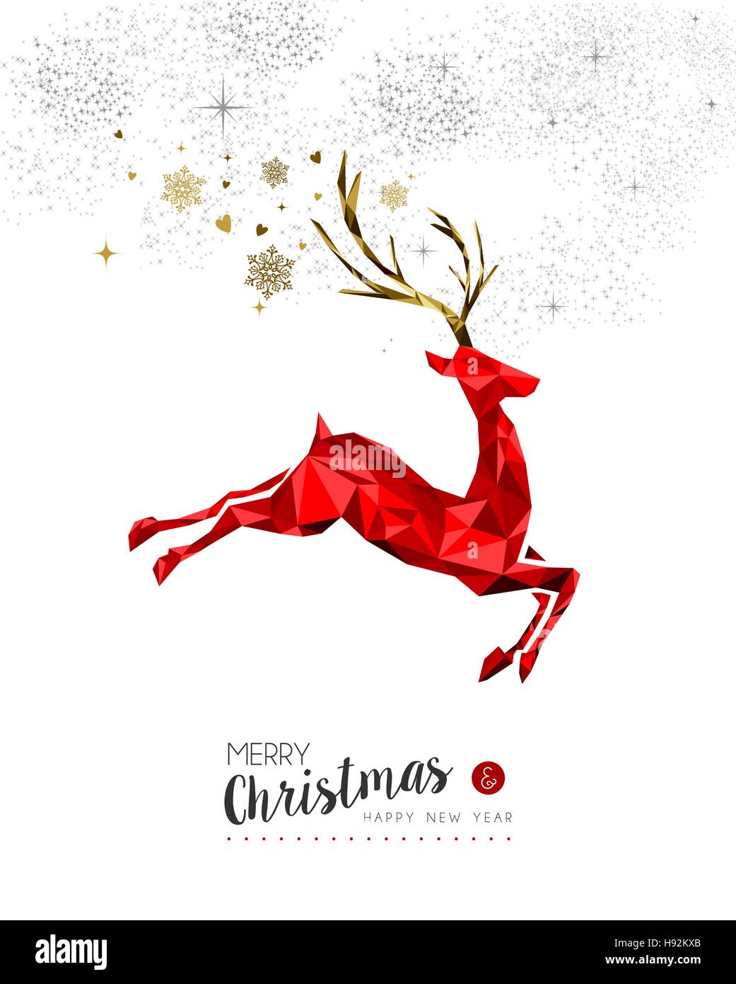 Auguri di Buon Natale e Anno Nuovo elegante colore rosso inverno decorazione di renne in bassa poli stile. EPS10 vettore. Illustrazione Vettoriale