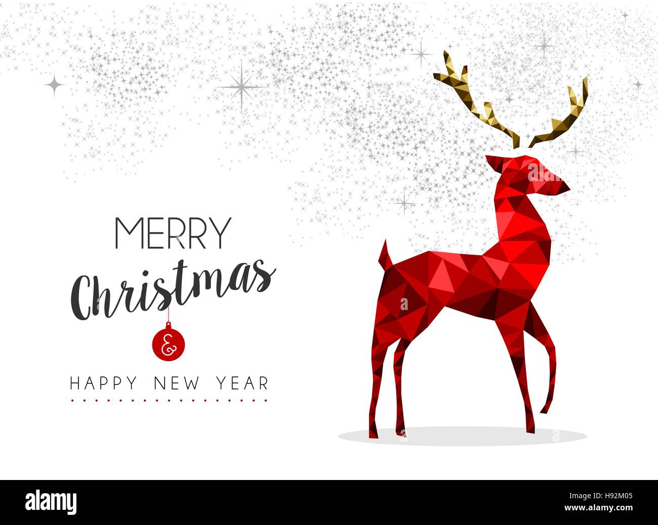 Auguri di Buon Natale e Anno Nuovo elegante colore rosso renne illustrazione in basso poli stile. EPS10 vettore. Illustrazione Vettoriale