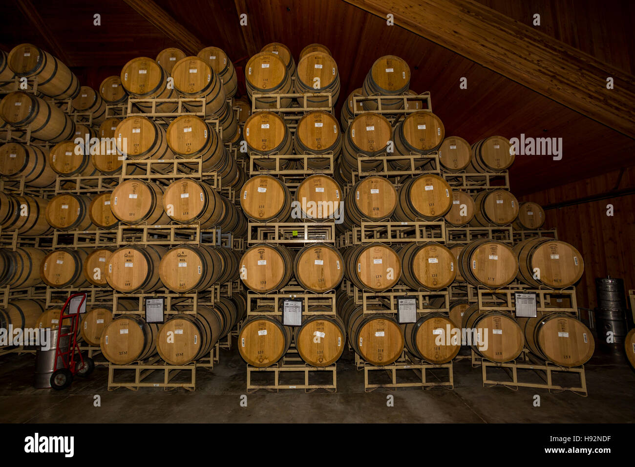 Oak botti da vino, la fermentazione del vino, area di fermentazione, cantina, Cakebread cantine, Rutherford, la Valle di Napa NAPA County, California Foto Stock