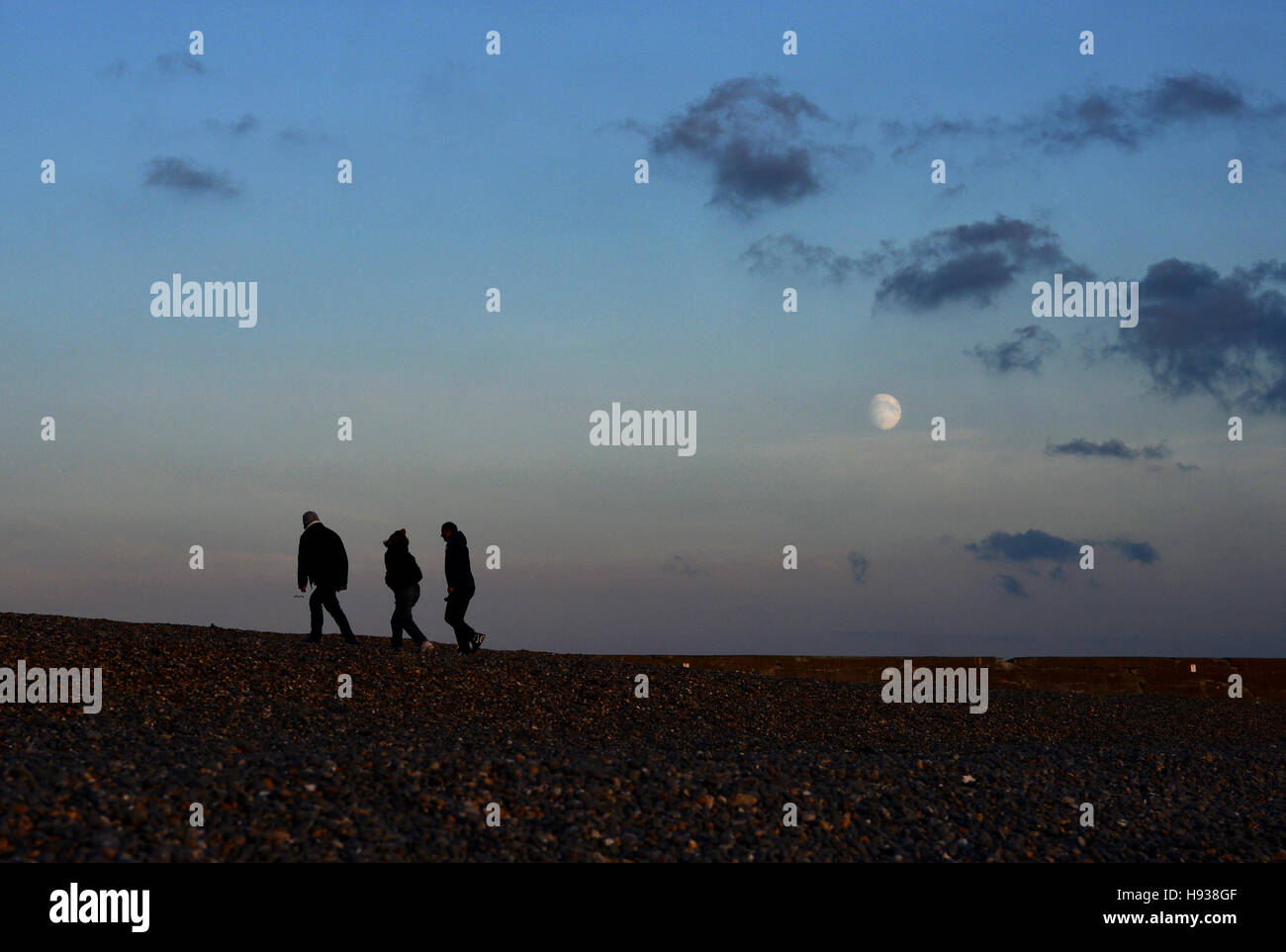 Gruppo di spiaggia con bassa luna Foto Stock
