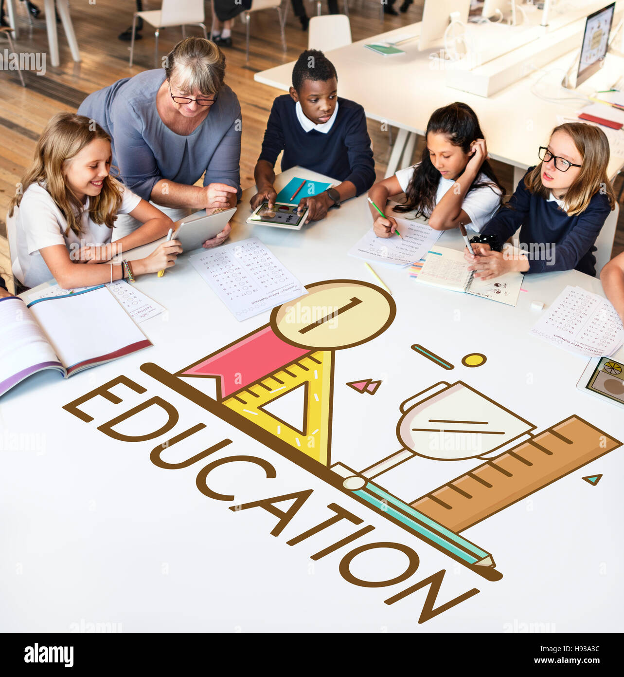 Education Learning studi righello concetto della penna Foto Stock