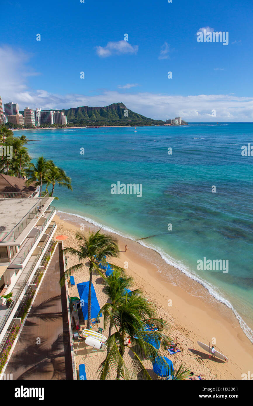 La spiaggia di Waikiki di Oahu, Hawaii Foto Stock