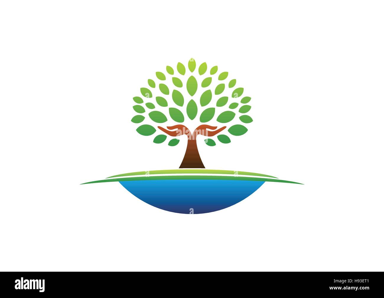 Albero logo a mano, mani naturale struttura icona del benessere, yoga health care simbolo disegno vettoriale Illustrazione Vettoriale