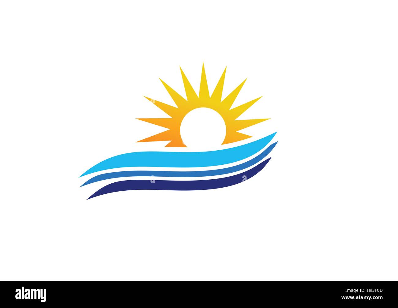 Wave logo Sun, il tramonto e l'alba logotipo concetto simbolo icona disegno vettoriale Illustrazione Vettoriale