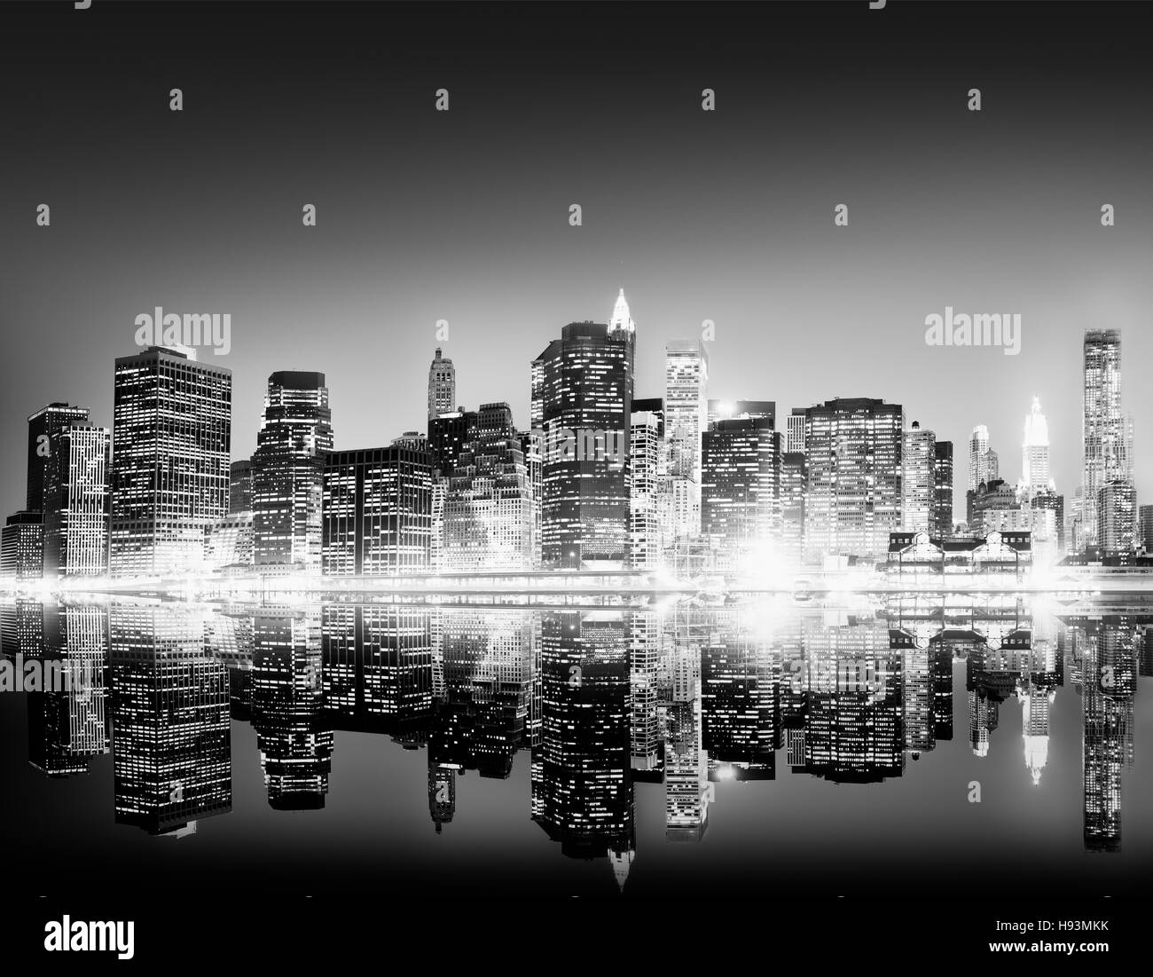 La costruzione di grattacieli di notte Panoramica New York City Concept Foto Stock