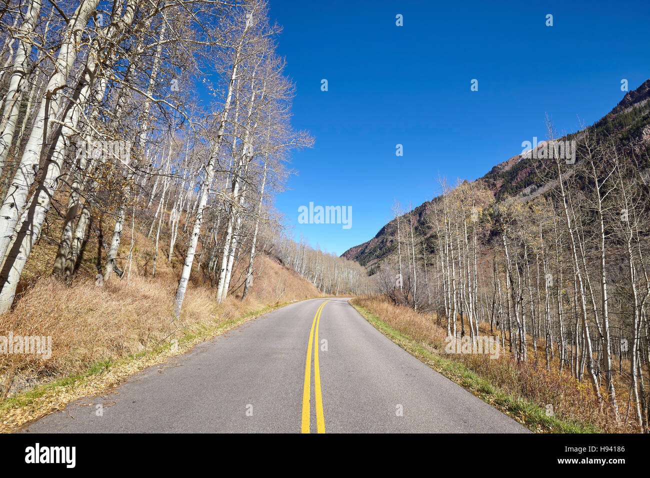 Strada di Montagna da Aspen a Maroon Bells in autunno, Colorado, Stati Uniti d'America. Foto Stock