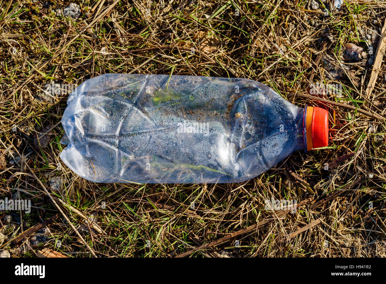 Scartato il PET bottiglia di plastica sul terreno. Umido internamente e cappuccio a. Foto Stock