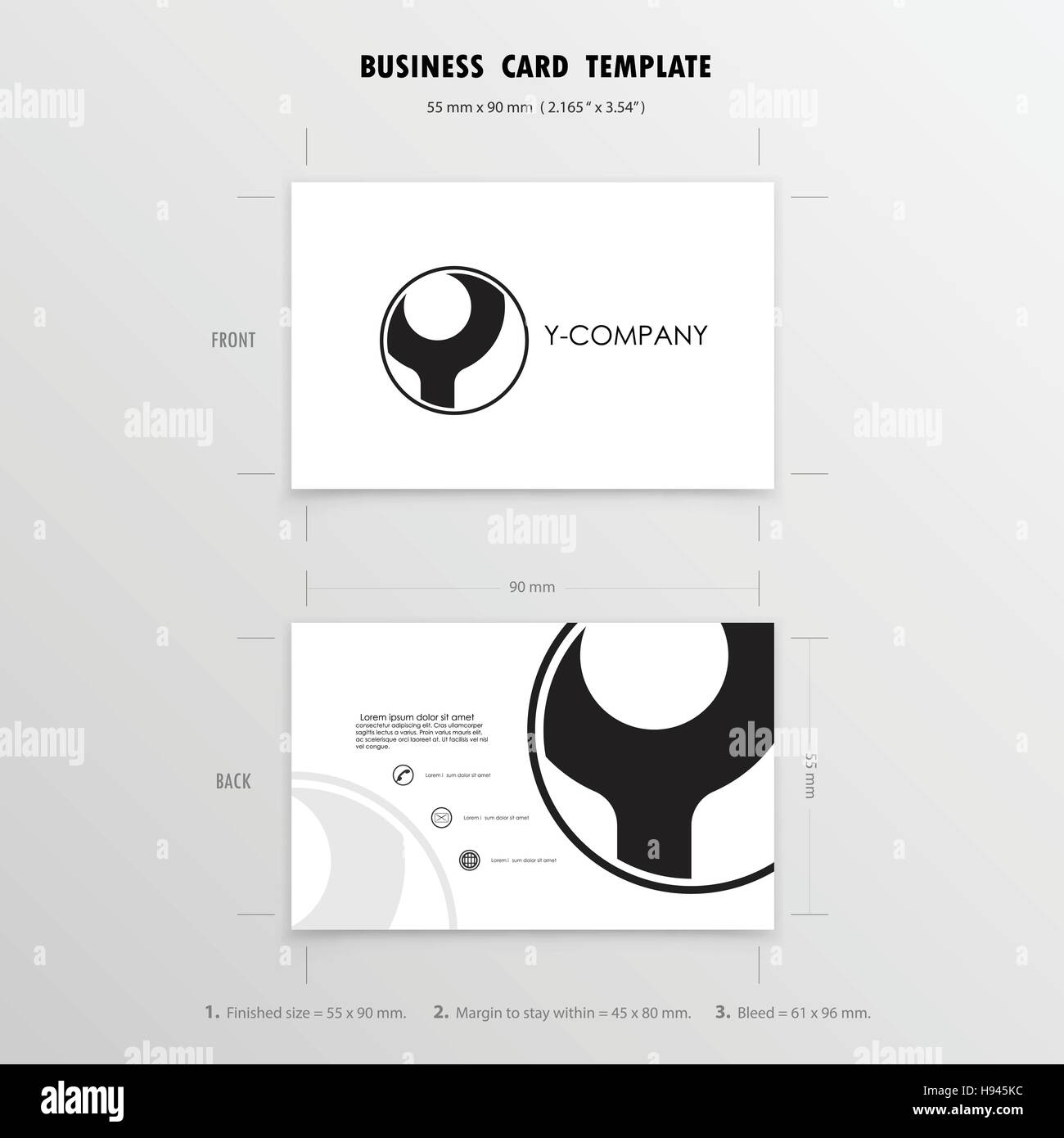 Business Cards Design modello. Nome simbolo di carte. Dimensioni 55 mm x 90 mm (i 2.165 in x 3,54 in).illustrazione vettoriale Illustrazione Vettoriale