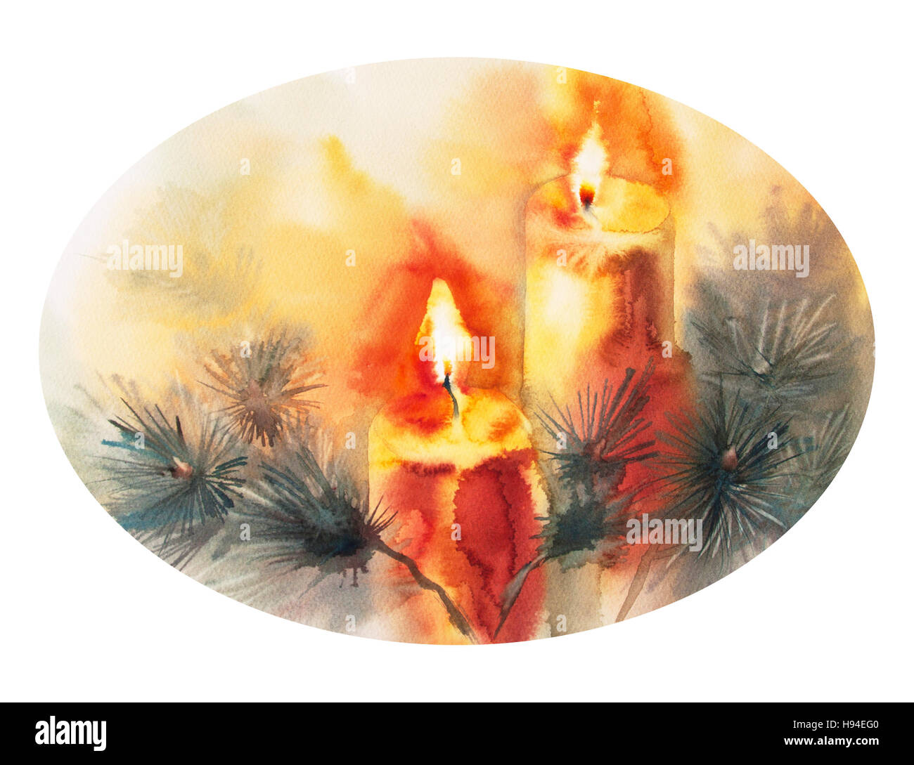 Acquerello isolato illustrazione dell albero di Natale decorato con candele, capodanno, festa di Natale Foto Stock