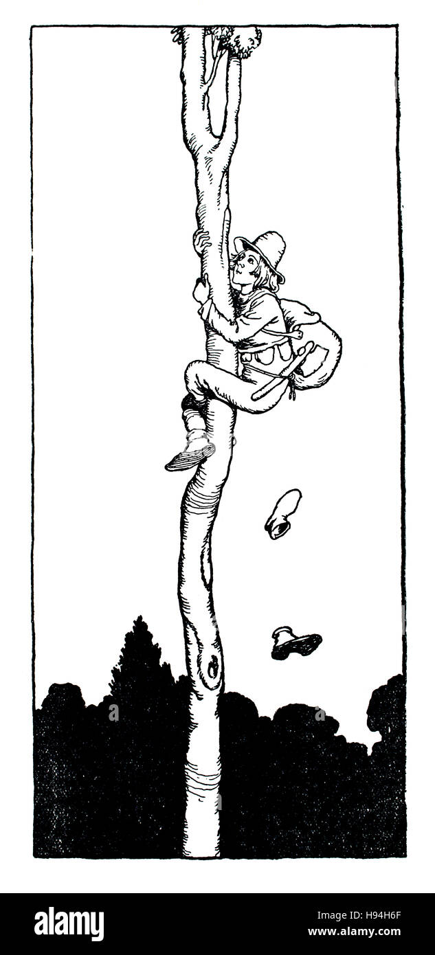 E così egli continuò il suo viaggio ad albero, libro per bambini illustrazione di William Heath Robinson, dal 1934 Prenota di folletti, la meravigliosa Tree Foto Stock