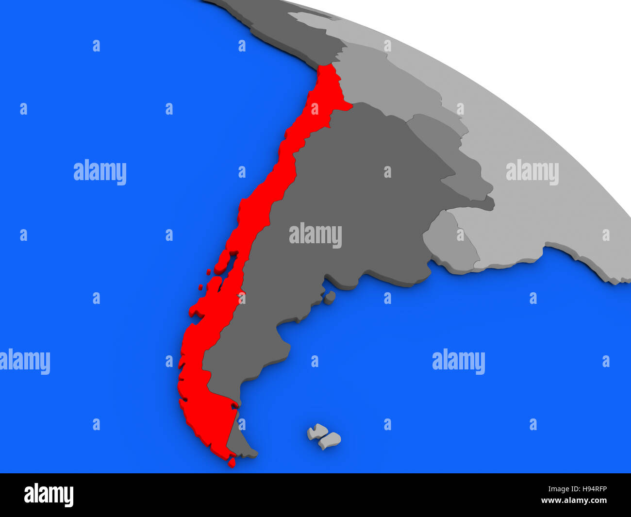 Mappa di Cile evidenziata in rosso su un globo. 3D illustrazione Foto Stock
