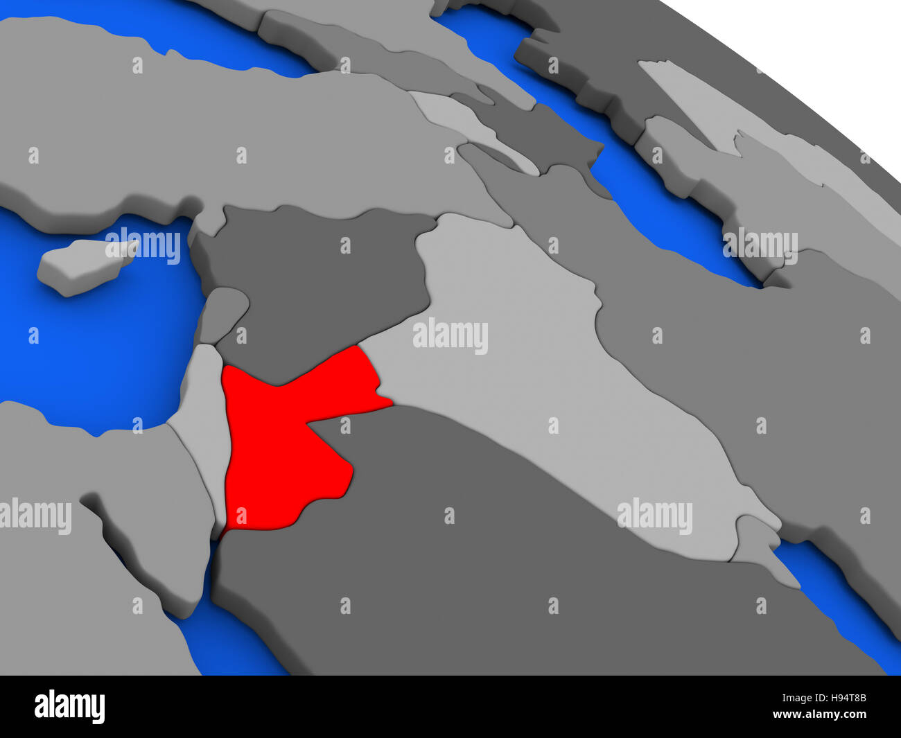 Mappa di Giordania evidenziata in rosso su un globo. 3D illustrazione Foto Stock