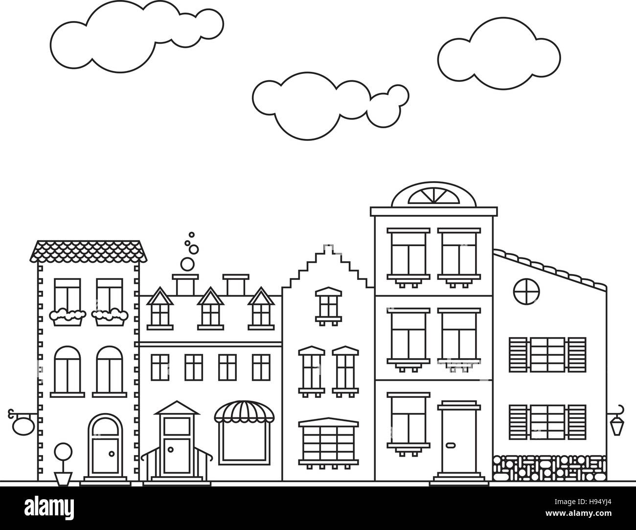 Facciate di edifici sul piccolo villaggio main street line art Illustrazione Vettoriale