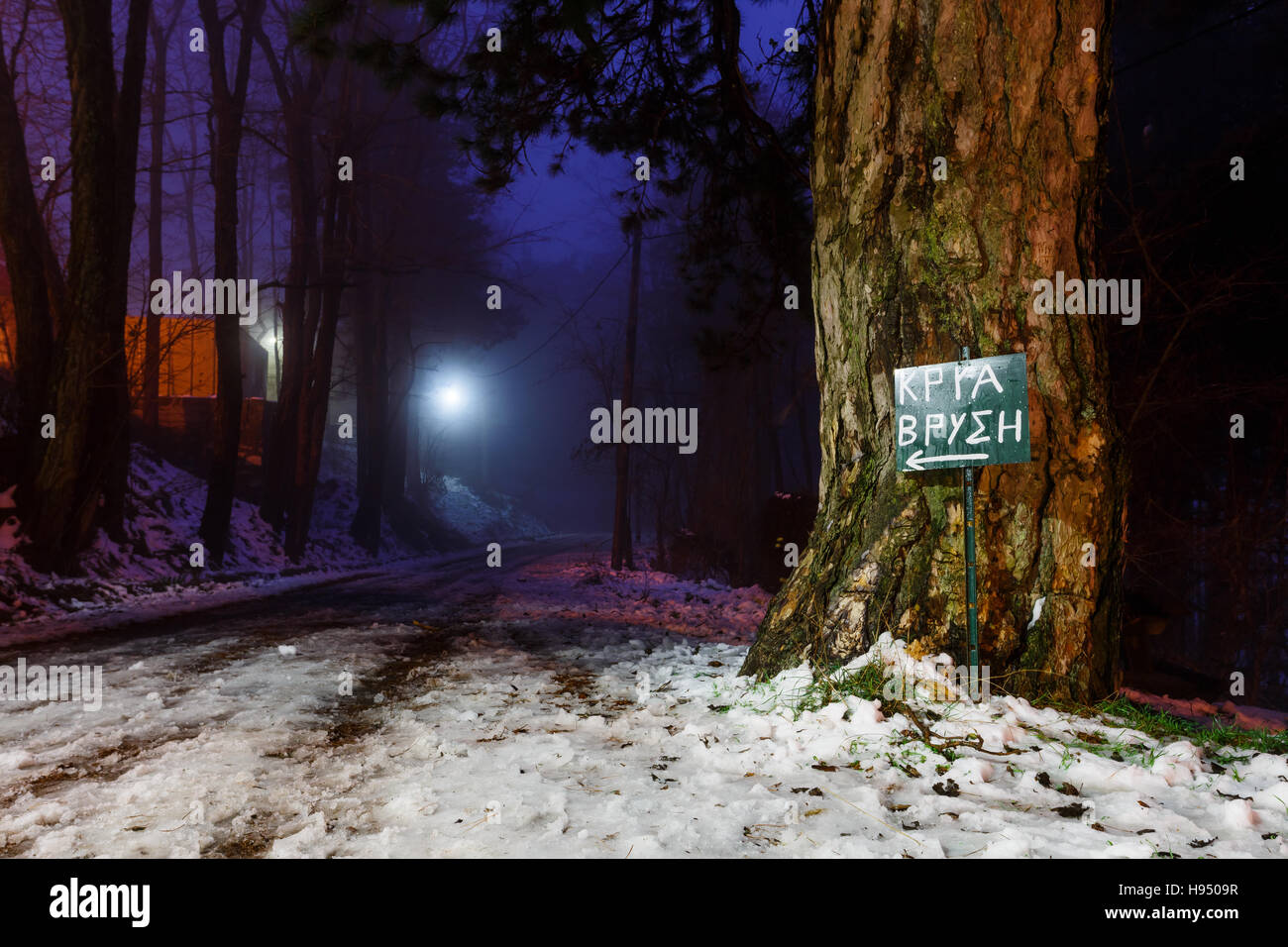 Bella luce e ombre scomparendo in strada distante con alberi e firmare etichettato 'Cold Spring', scena invernale in Grecia Foto Stock