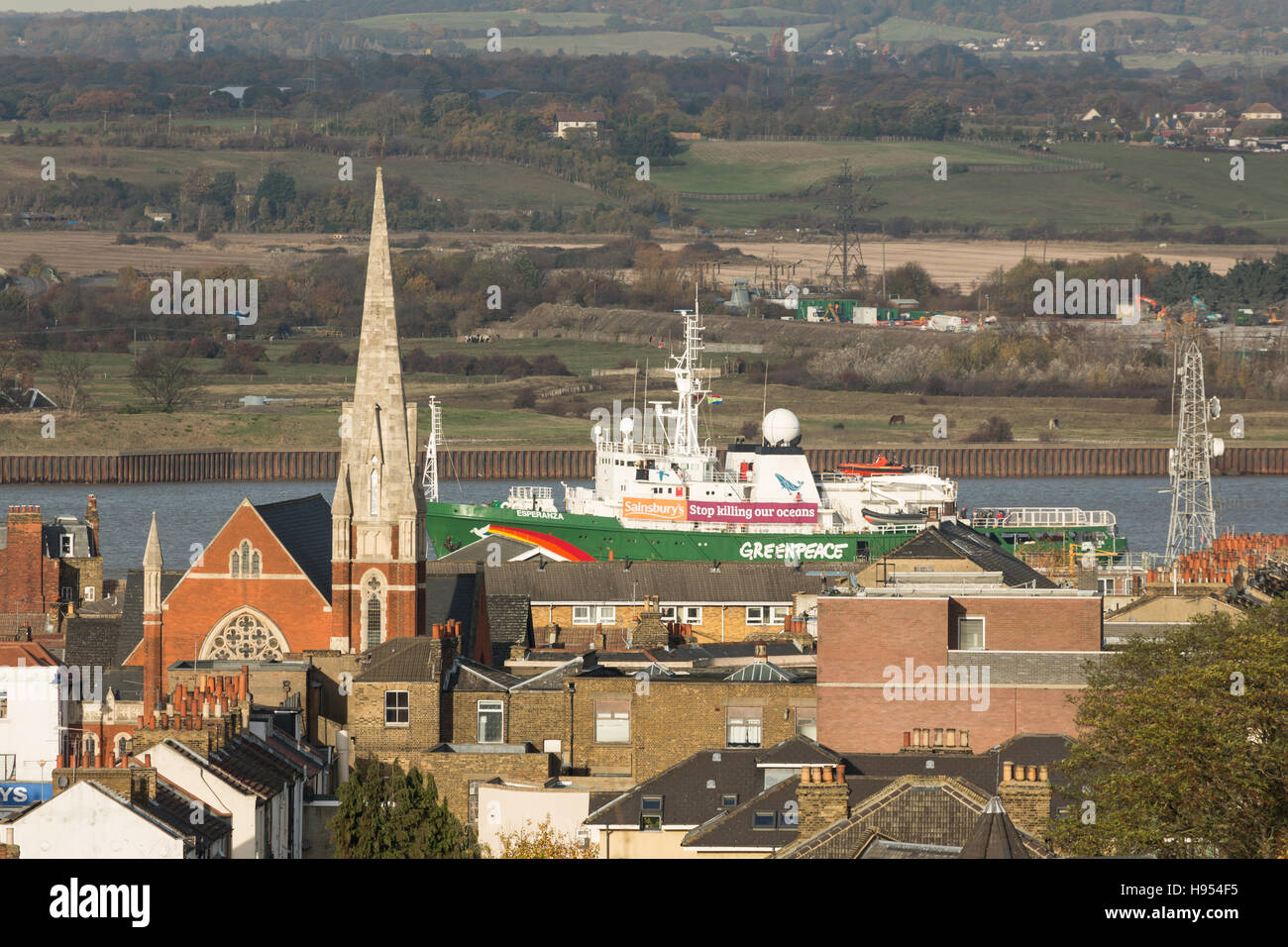 Gravesend, Kent, Regno Unito. Xviii Nov, 2016. La nave di Greenpeace Esperanza nella foto vela passato Gravesend oggi sul suo modo di Londra il cuscinetto di un banner per protestare contro Sainsbury's calza unsustainably-tonno pescato. Credito: Rob Powell/Alamy Live News Foto Stock