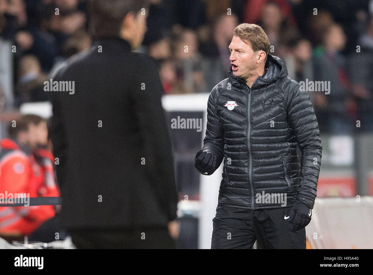 Leverkusen, Germania. Xviii Nov, 2016. Leipzig allenatore Ralph Hasenhuettl reagisce durante la Bundesliga tedesca partita di calcio tra Bayer Leverkusen e RB Lipsia nella BayArena a Leverkusen, Germania, 18 novembre 2016. Foto: MARIUS BECKER/dpa/Alamy Live News Foto Stock