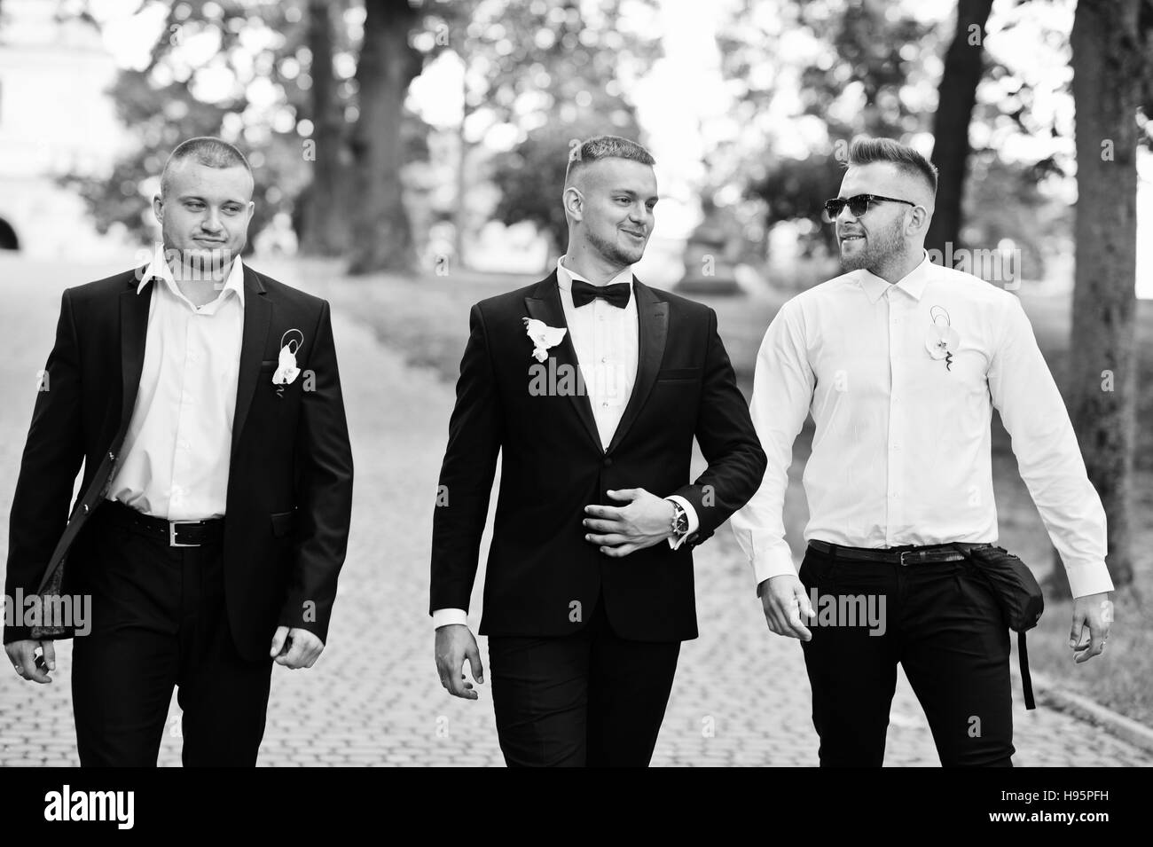 Personable per lo sposo con miglior mans o groomsman poste sul parco al giorno di nozze. Foto in bianco e nero Foto Stock