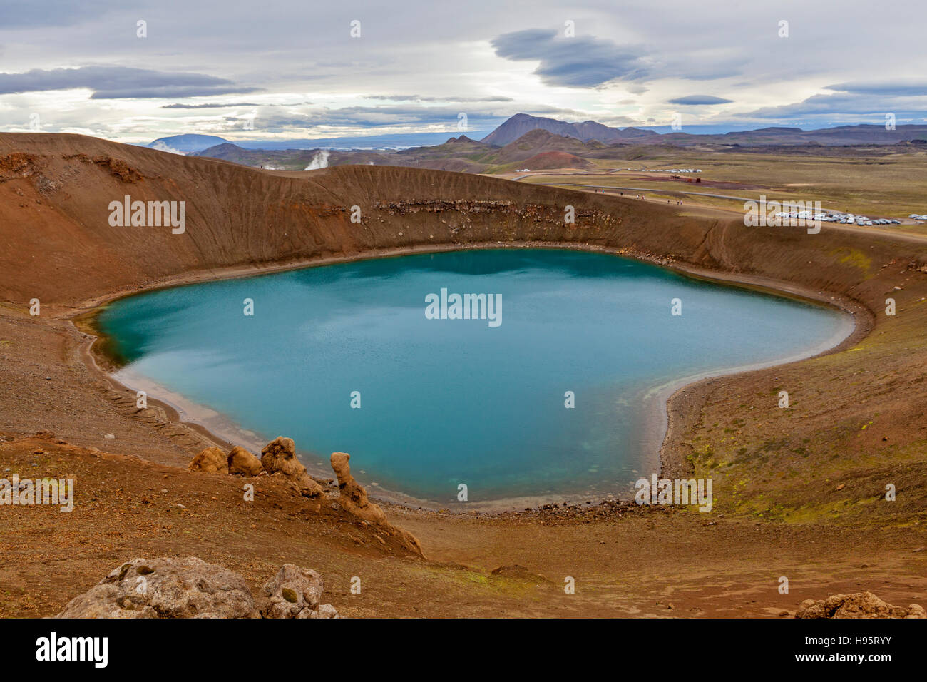 Krafla è una caldera, il cratere vulcanico, nel nord dell'Islanda dal lago Mývatn. Foto Stock