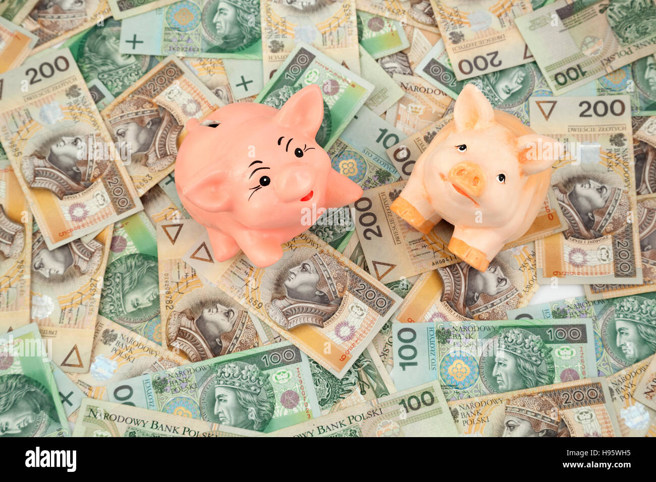 Due piggy sul polacco il denaro come sfondo Foto Stock