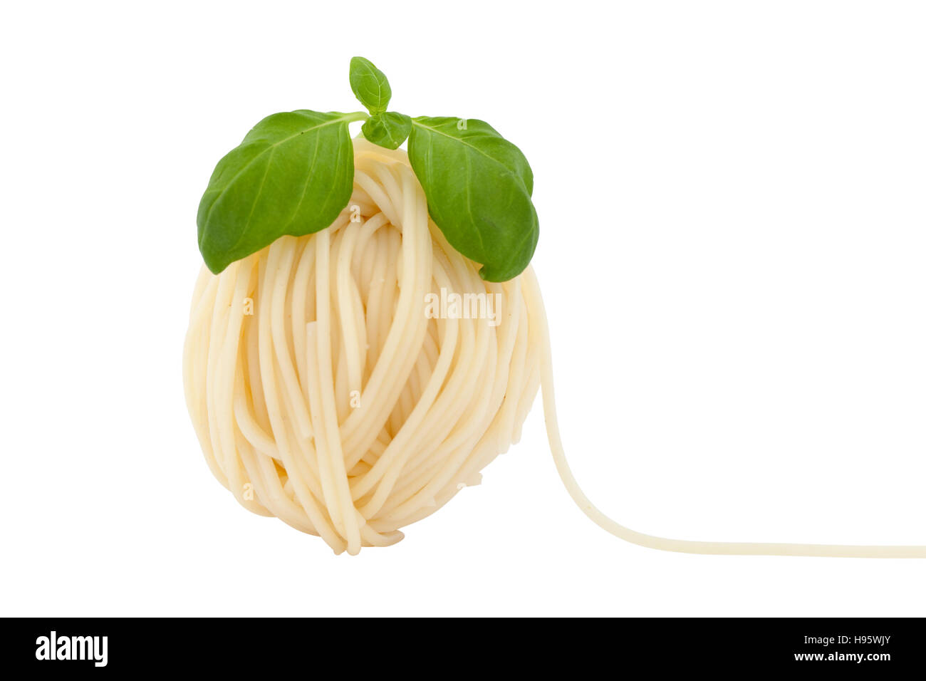Spaghetti in forma sfera con basilico fresco su bianco Foto Stock